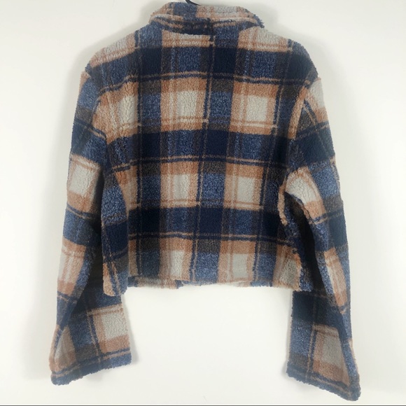 NWT Blue and Brown Plaid Button Up Sherpa Coat - Picture 5 of 5